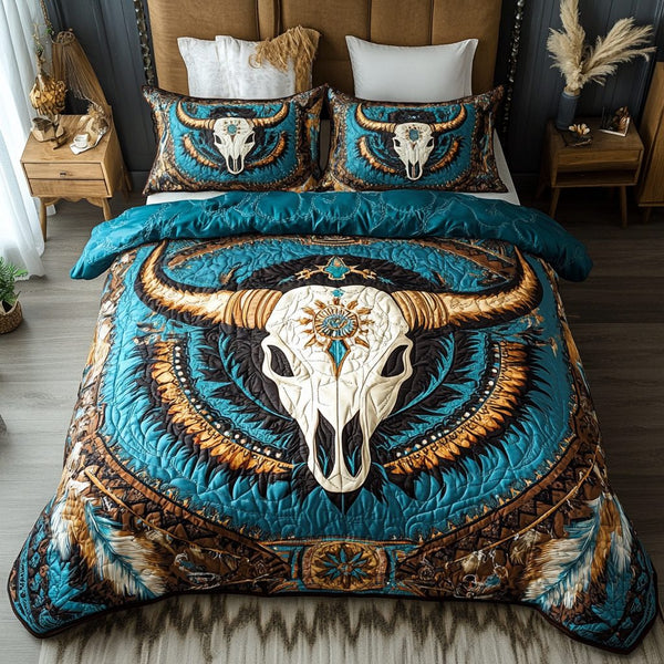 Buffalo Spirit quilted 3-piece bedding set on a made bed in a rustic timber bedroom