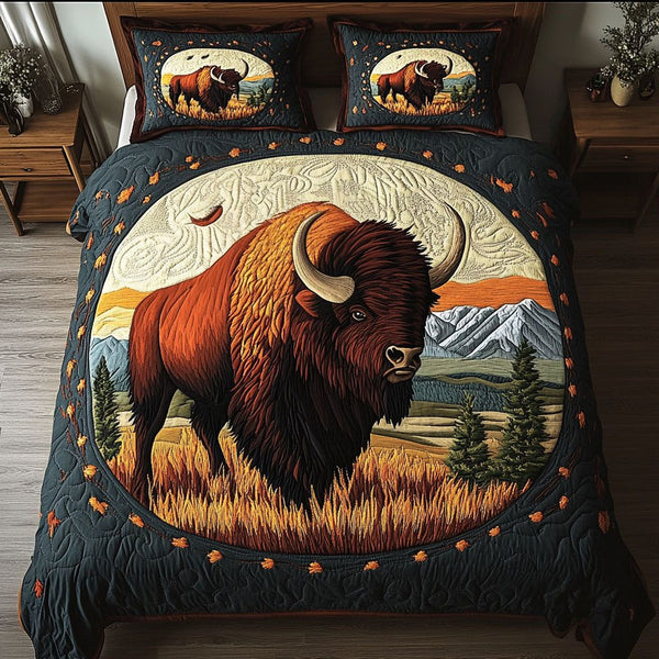 Buffalo Sunrise quilted 3-piece bedding set on a made bed in a rustic timber bedroom