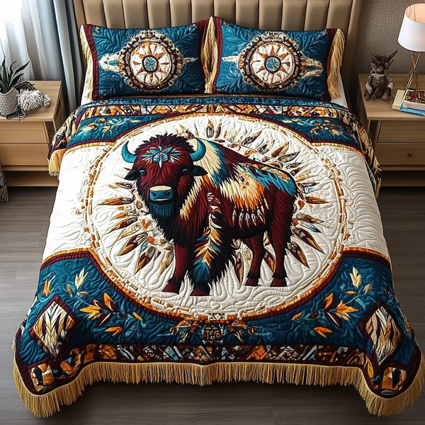 Buffalo Tale quilted 3-piece bedding set on a made bed in a rustic timber bedroom