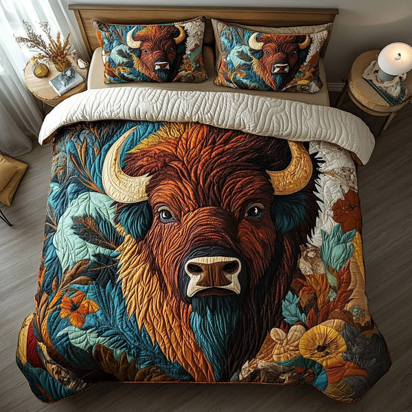 Buffalo Trail quilted 3-piece bedding set on a made bed in a rustic timber bedroom