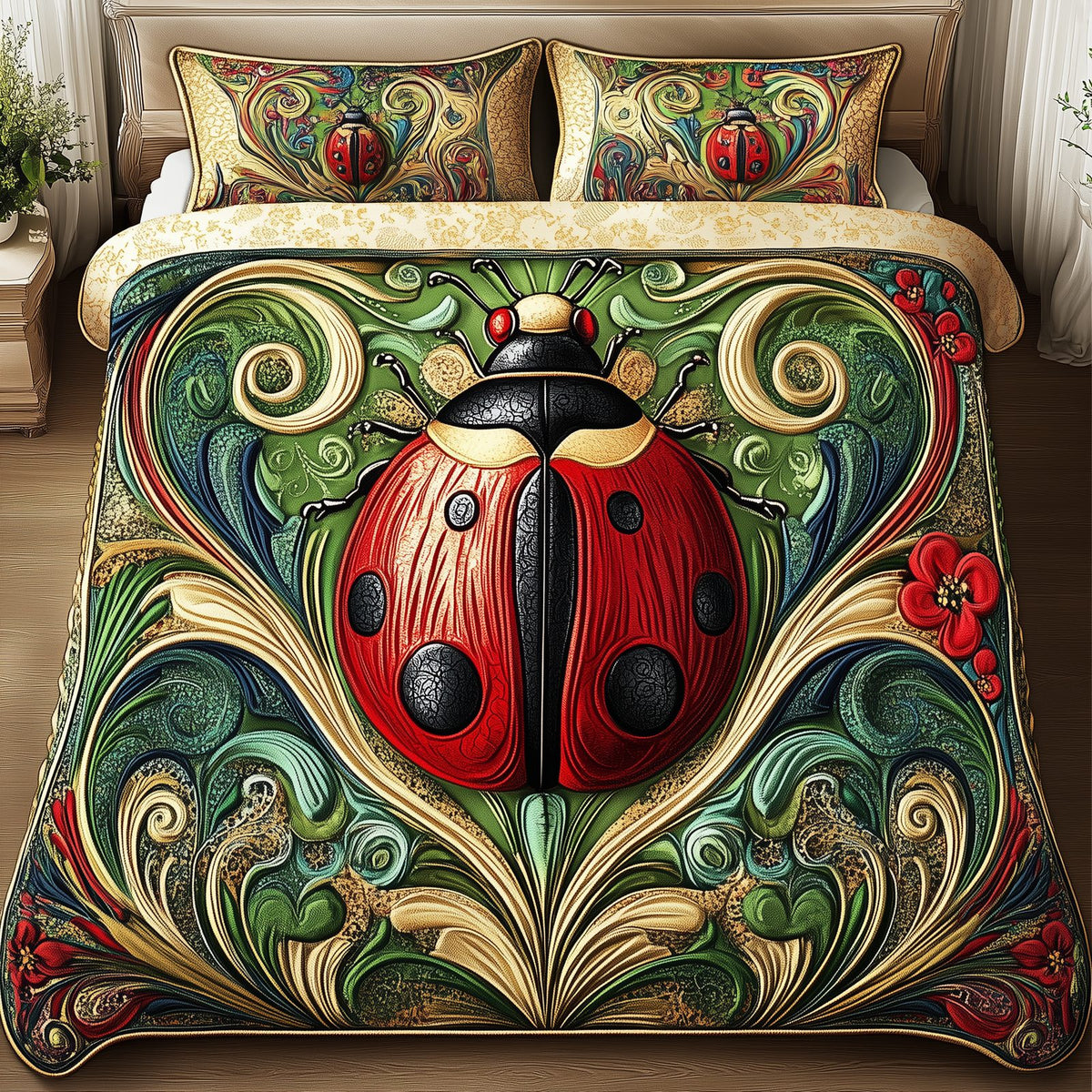 Bug Garden quilted 3-piece bedding set on a made bed with two matching pillow shams
