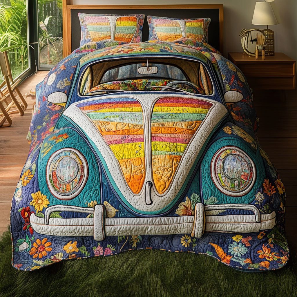 Bug Tracks quilted 3-piece bedding set on a made bed with two matching pillow shams