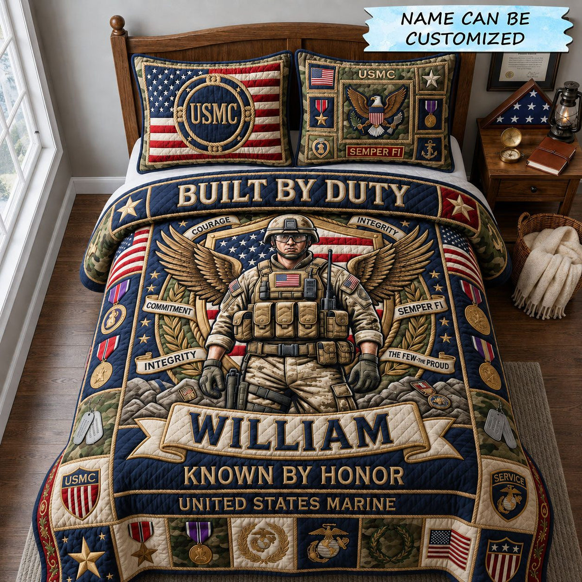 Build by Duty quilted 3-piece bedding set on a made bed with two matching pillow shams