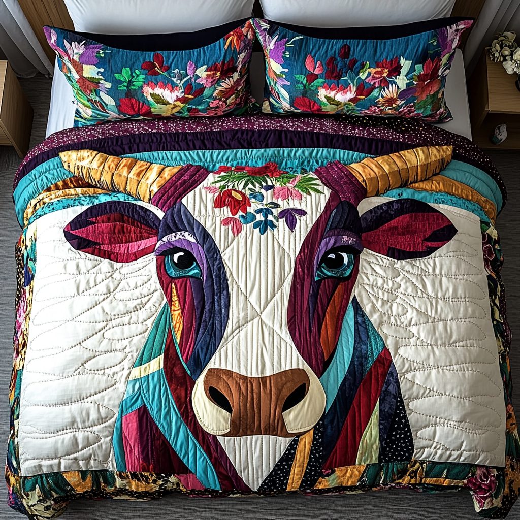 Bull Majesty quilted 3-piece bedding set on a made bed with two matching pillow shams