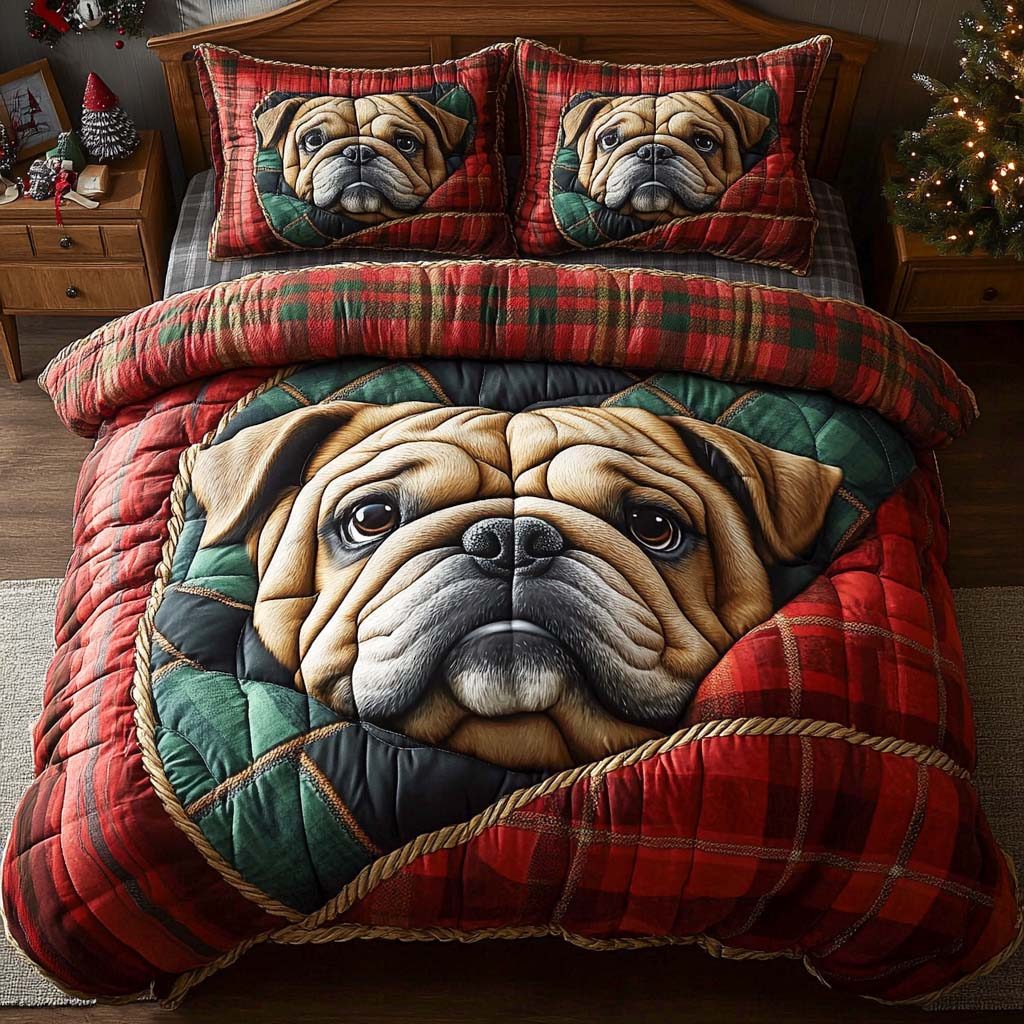 Bulldog Charm quilted 3-piece bedding set on a made bed with two matching pillow shams