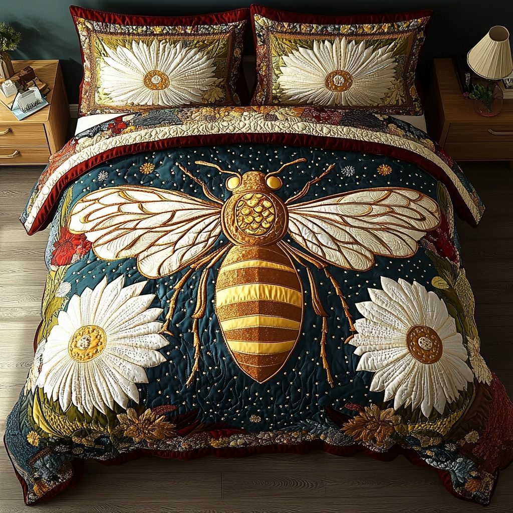 Bumble Bliss quilted 3-piece bedding set on a made bed with two matching pillow shams