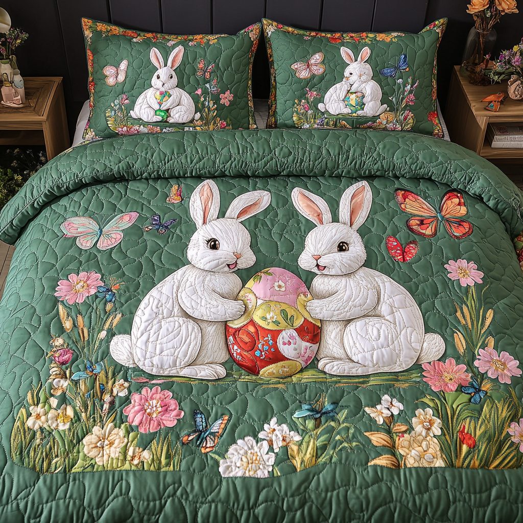 Bunny Bliss quilted 3-piece bedding set on a made bed with two matching pillow shams