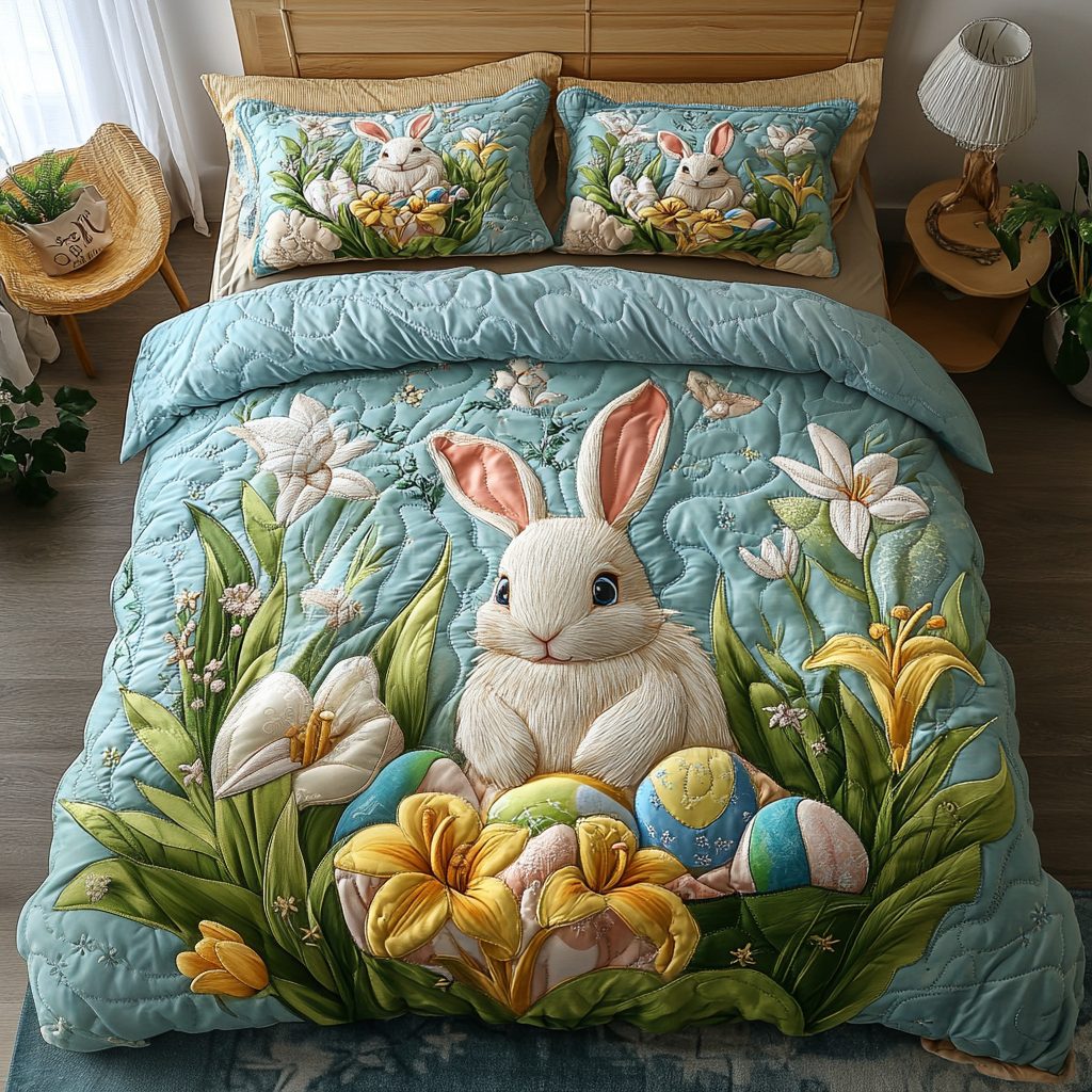 Bunny Bloom quilted 3-piece bedding set on a made bed with two matching pillow shams