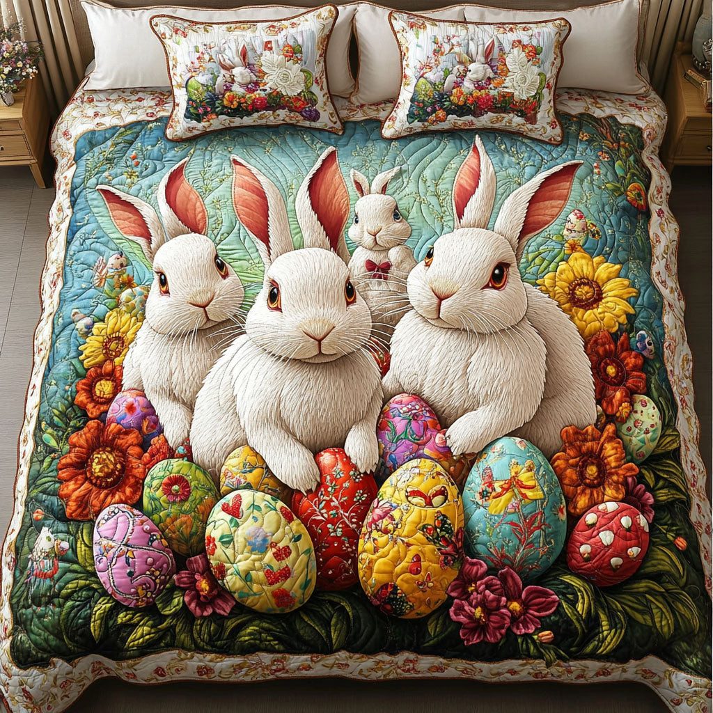 Bunny Haven quilted 3-piece bedding set on a made bed with two matching pillow shams