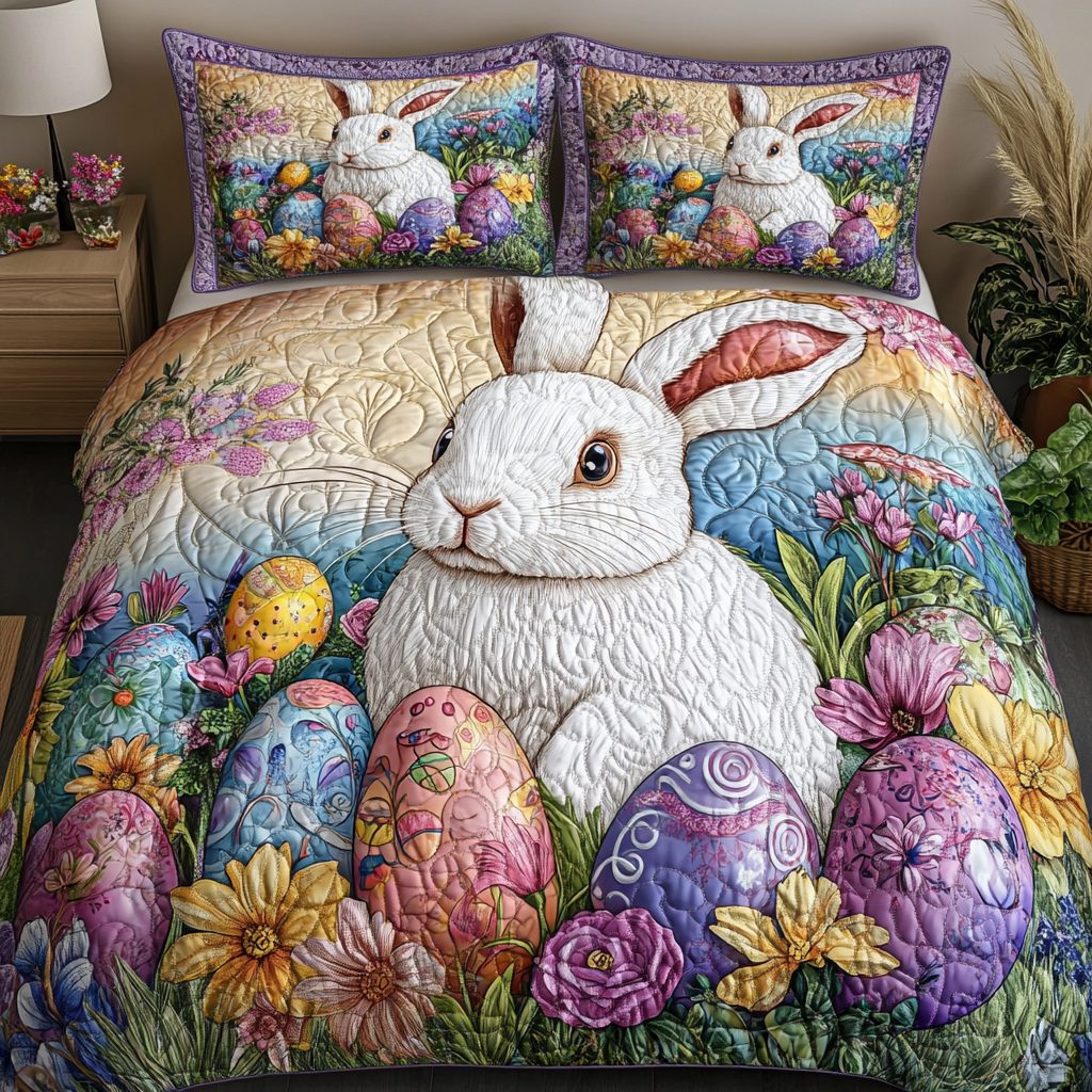 Bunny Meadows quilted 3-piece bedding set on a made bed with two matching pillow shams