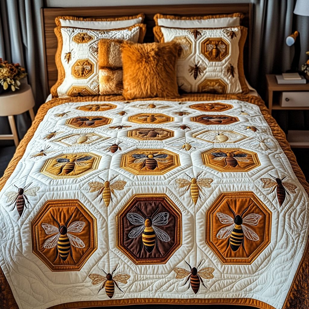 Busy Bees quilted 3-piece bedding set on a made bed with two matching pillow shams