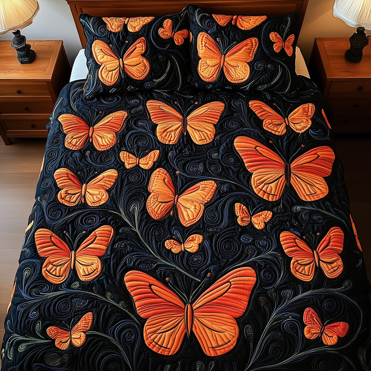 Butterflies Deep Night quilted 3-piece bedding set on a made bed with two matching pillow shams