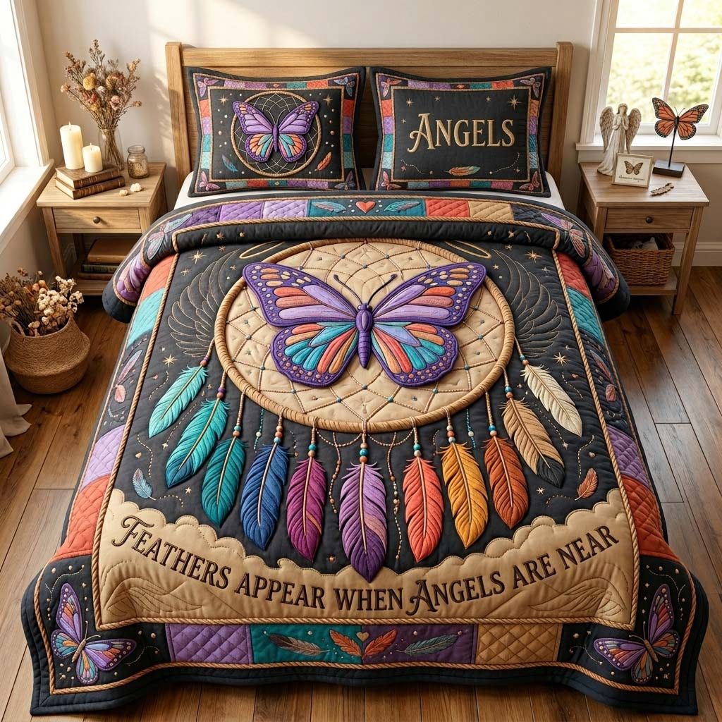 Butterfly Angel Dream quilted 3-piece bedding set on a made bed in a softly lit bedroom