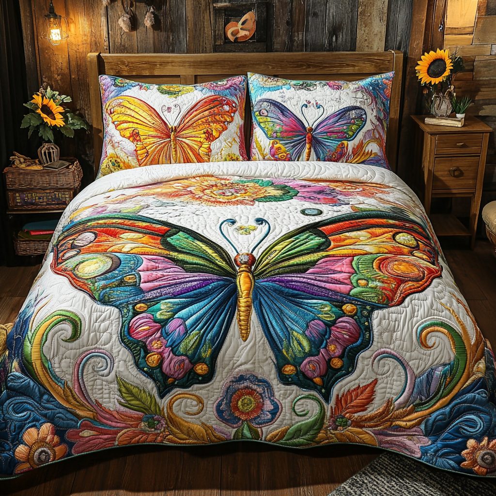 Butterfly Bliss quilted 3-piece bedding set on a made bed with two matching pillow shams