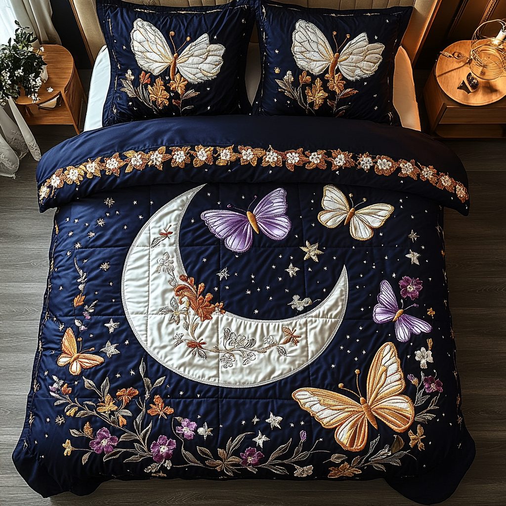 Butterfly Bloom quilted 3-piece bedding set on a made bed with two matching pillow shams
