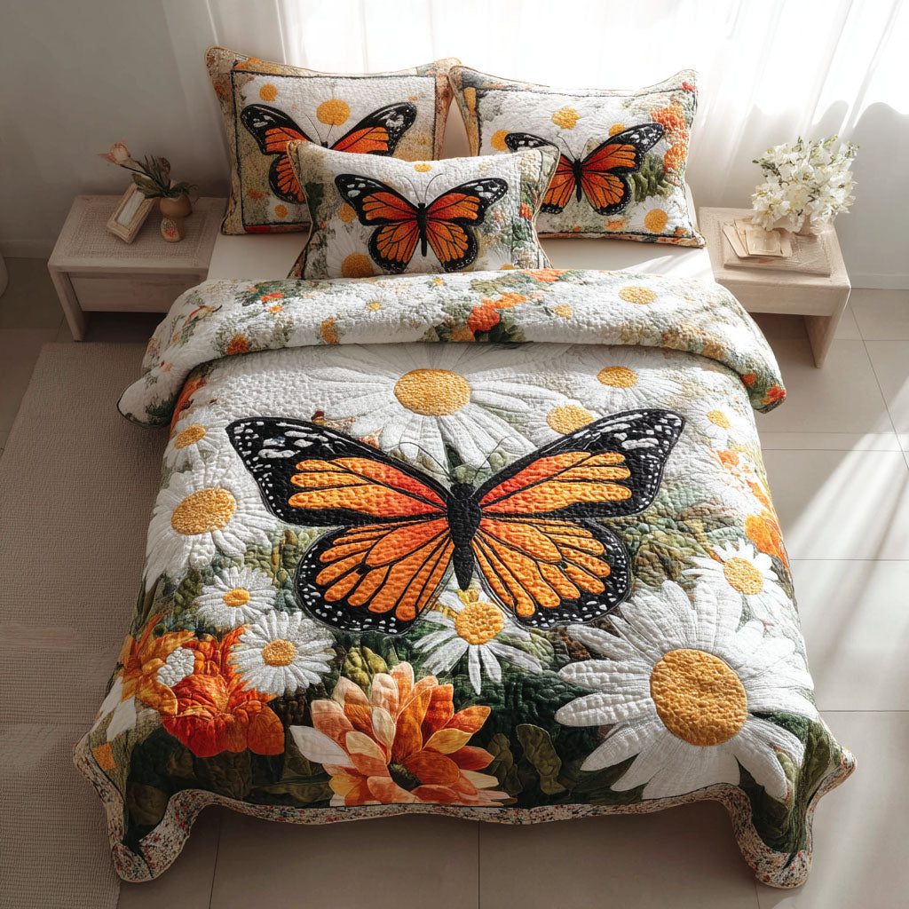 Butterfly Bloom quilted 3-piece bedding set on a made bed with two matching pillow shams