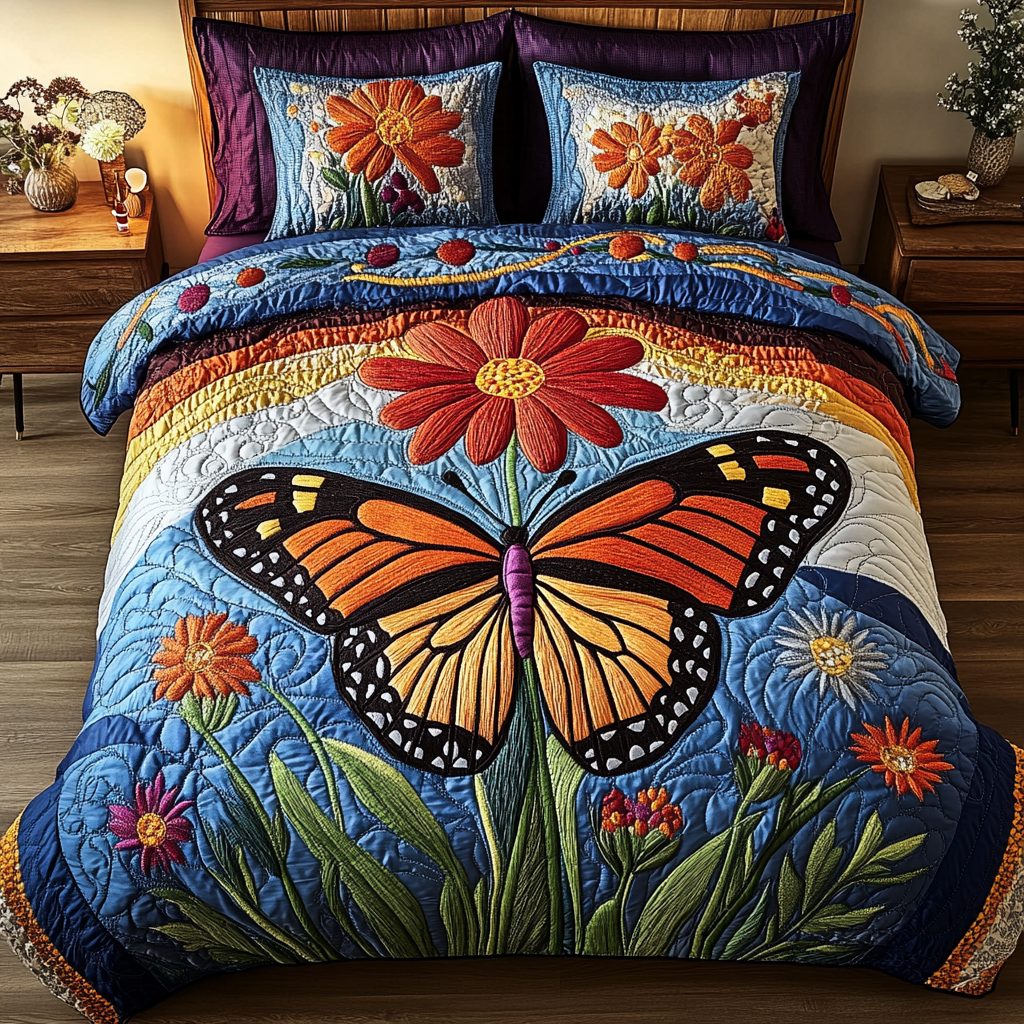 Butterfly Blossom quilted 3-piece bedding set on a made bed with two matching pillow shams