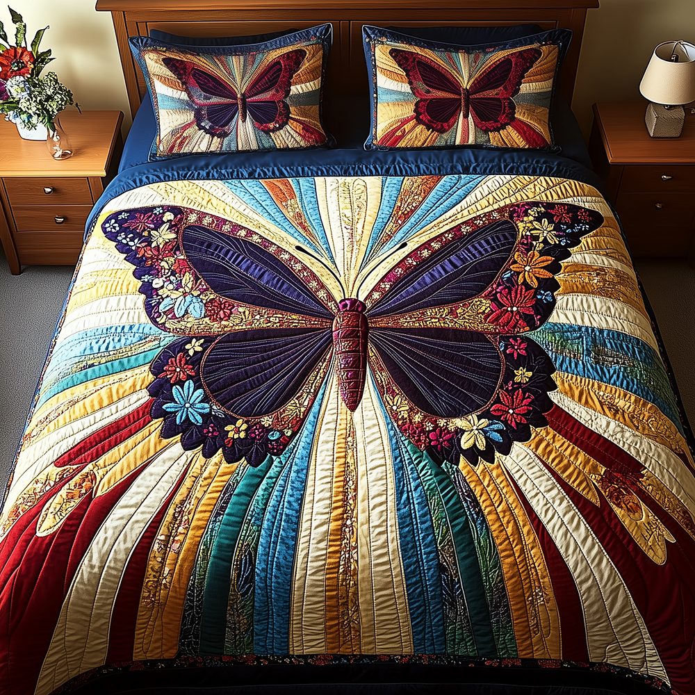 Butterfly Charm quilted 3-piece bedding set on a made bed with two matching pillow shams