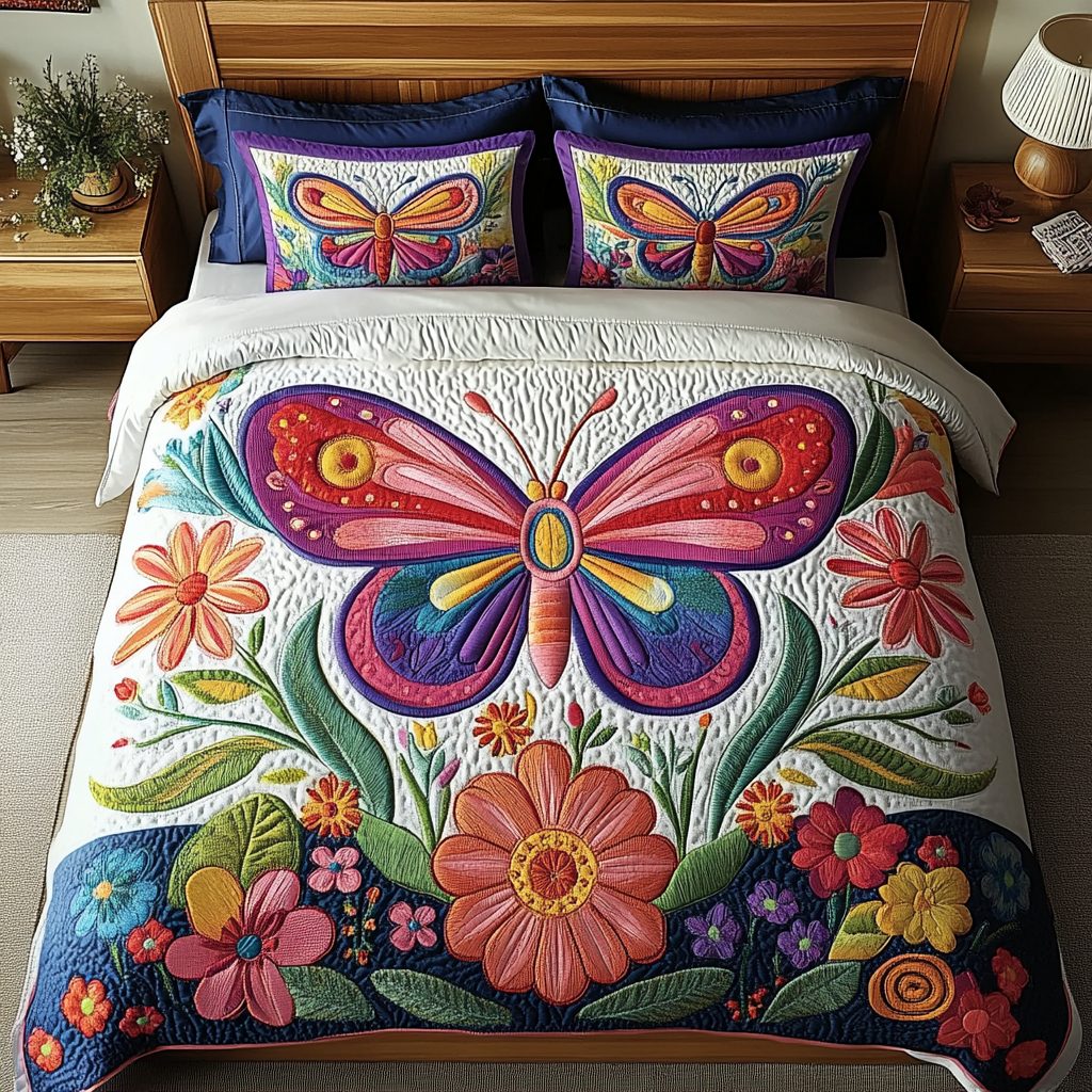 Butterfly Dreams quilted 3-piece bedding set on a made bed with two matching pillow shams