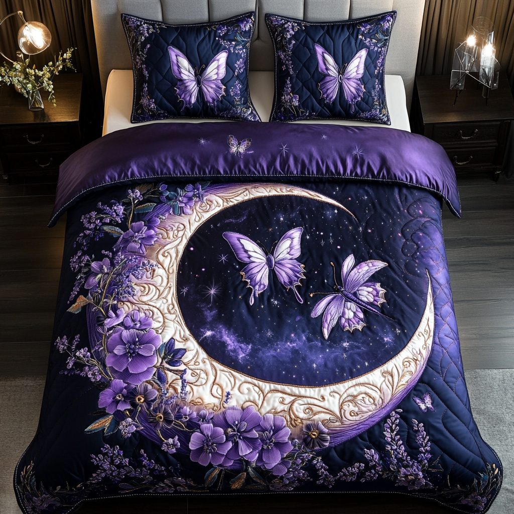 Butterfly Essence quilted 3-piece bedding set on a made bed with two matching pillow shams