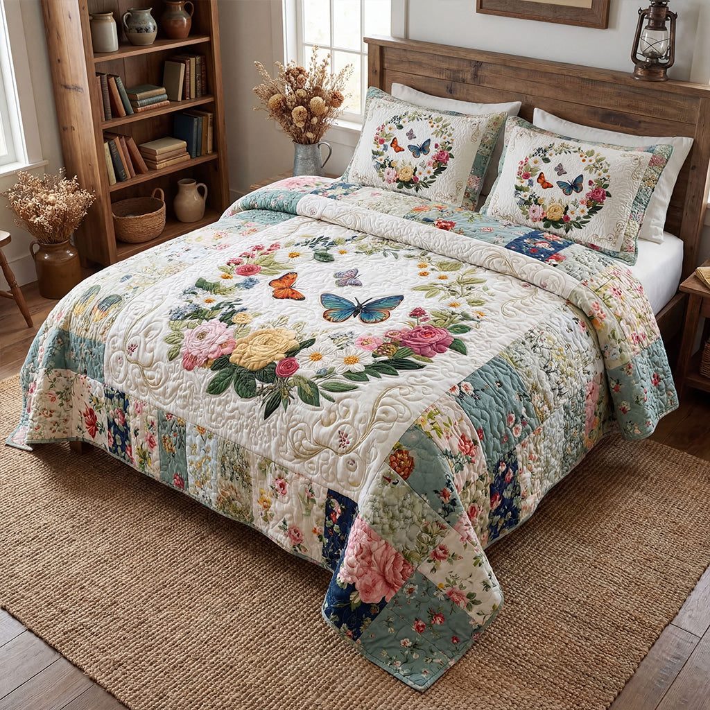 Butterfly Garden Glow quilted 3-piece bedding set on a made bed with two matching pillow shams