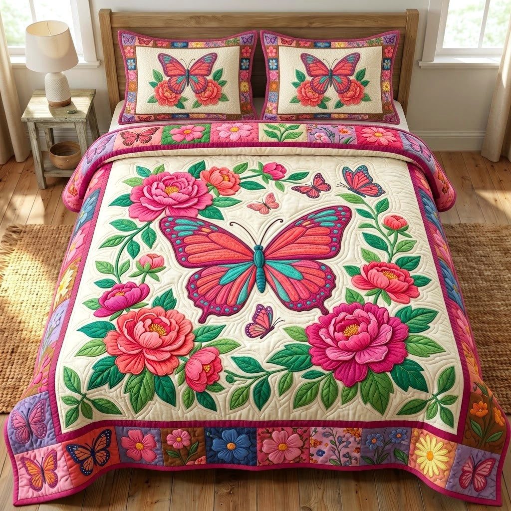 Butterfly Garden quilted 3-piece bedding set on a made bed with two matching pillow shams