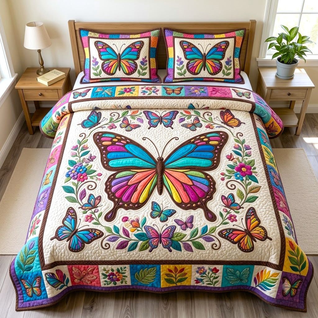 Butterfly Garden quilted 3-piece bedding set on a made bed with two matching pillow shams