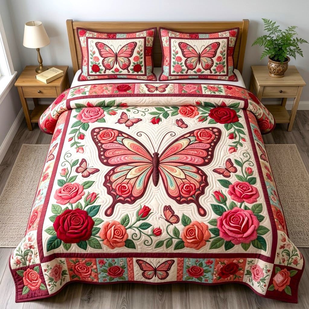 Butterfly Garden quilted 3-piece bedding set on a made bed with two matching pillow shams