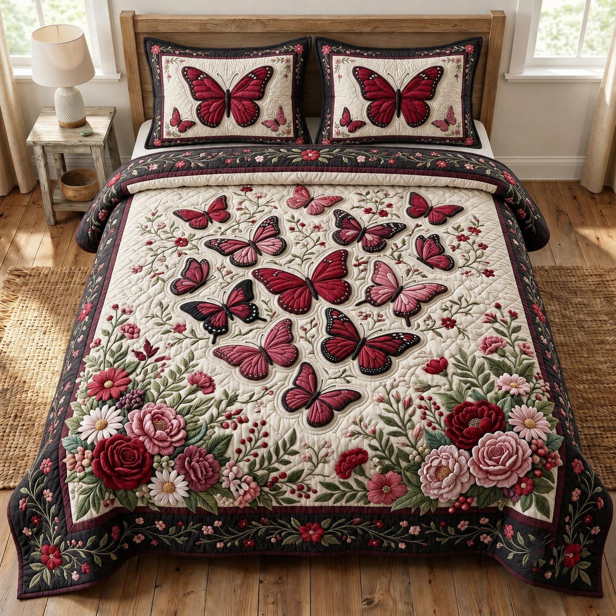 Butterfly Garden quilted 3-piece bedding set on a made bed with two matching pillow shams