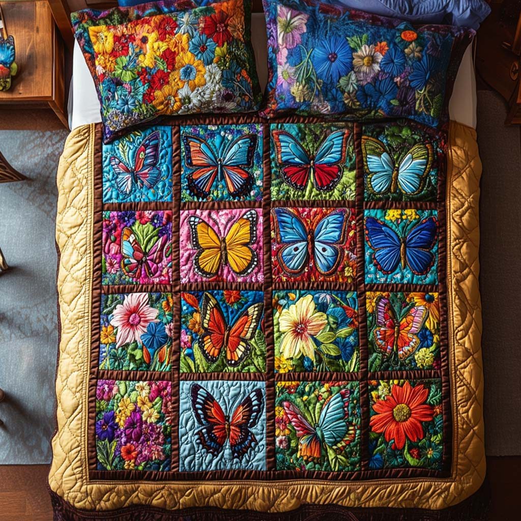 Butterfly Garden Whispers quilted 3-piece bedding set on a made bed with two matching pillow shams