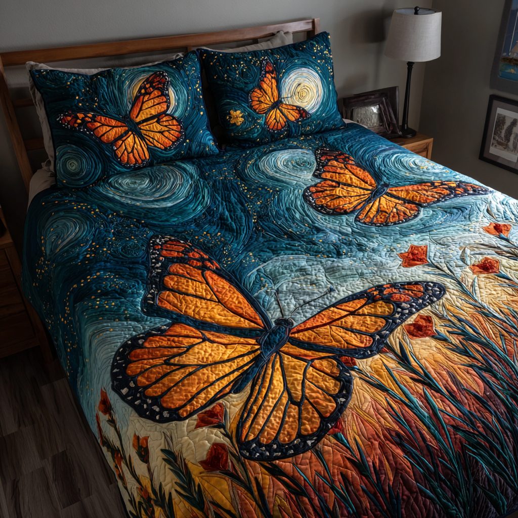 Butterfly Glow quilted 3-piece bedding set on a made bed with two matching pillow shams