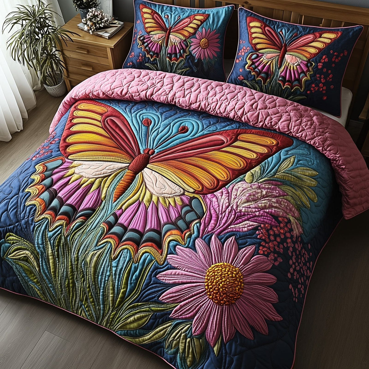 Butterfly Haven quilted 3-piece bedding set on a made bed with two matching pillow shams