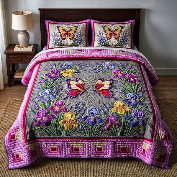 Butterfly Heaven quilted 3-piece bedding set on a made bed in a softly lit bedroom