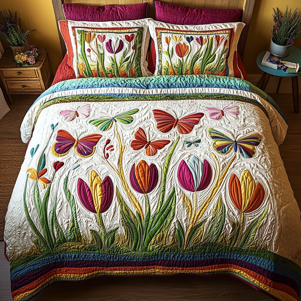 Butterfly Hues quilted 3-piece bedding set on a made bed with two matching pillow shams