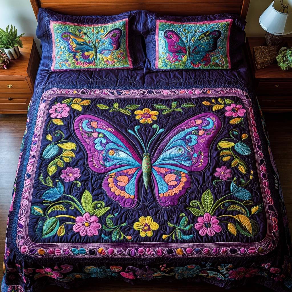 Butterfly Meadow Magic quilted 3-piece bedding set on a made bed with two matching pillow shams