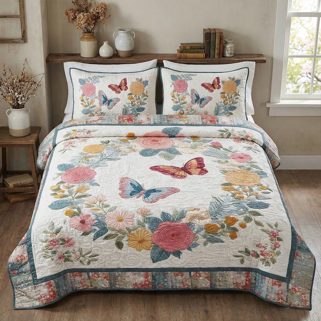 Butterfly Meadow Retreat quilted 3-piece bedding set on a made bed with two matching pillow shams