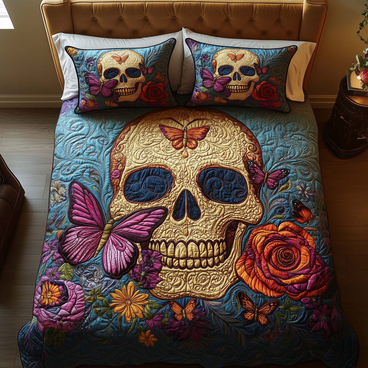 Butterfly Skull quilted 3-piece bedding set on a made bed against a dark styled interior