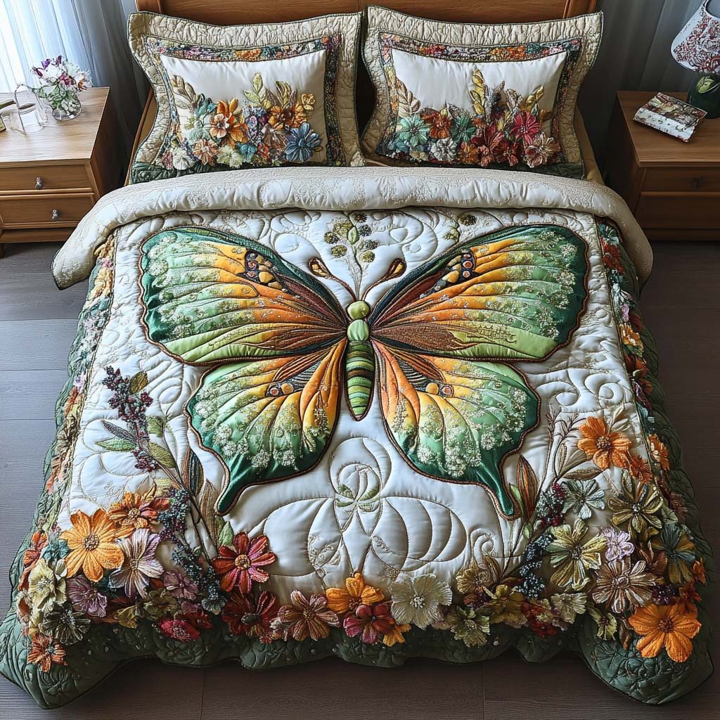 Butterfly Sky quilted 3-piece bedding set on a made bed with two matching pillow shams