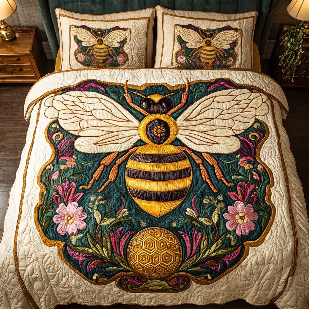 Buzz Bloom quilted 3-piece bedding set on a made bed with two matching pillow shams
