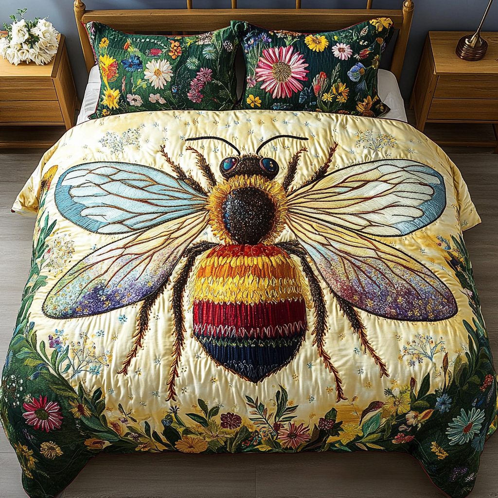 Buzzed Beauty quilted 3-piece bedding set on a made bed with two matching pillow shams