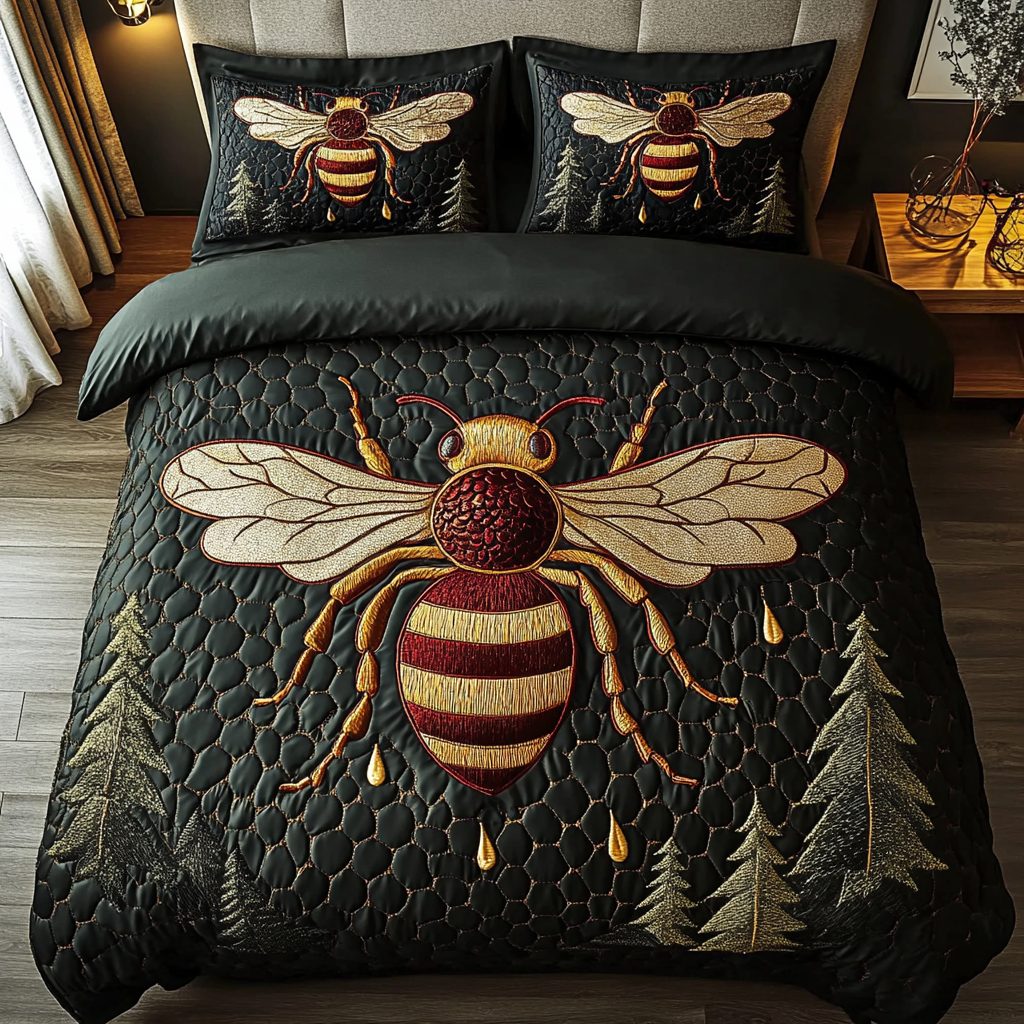 Buzzing Bliss quilted 3-piece bedding set on a made bed with two matching pillow shams