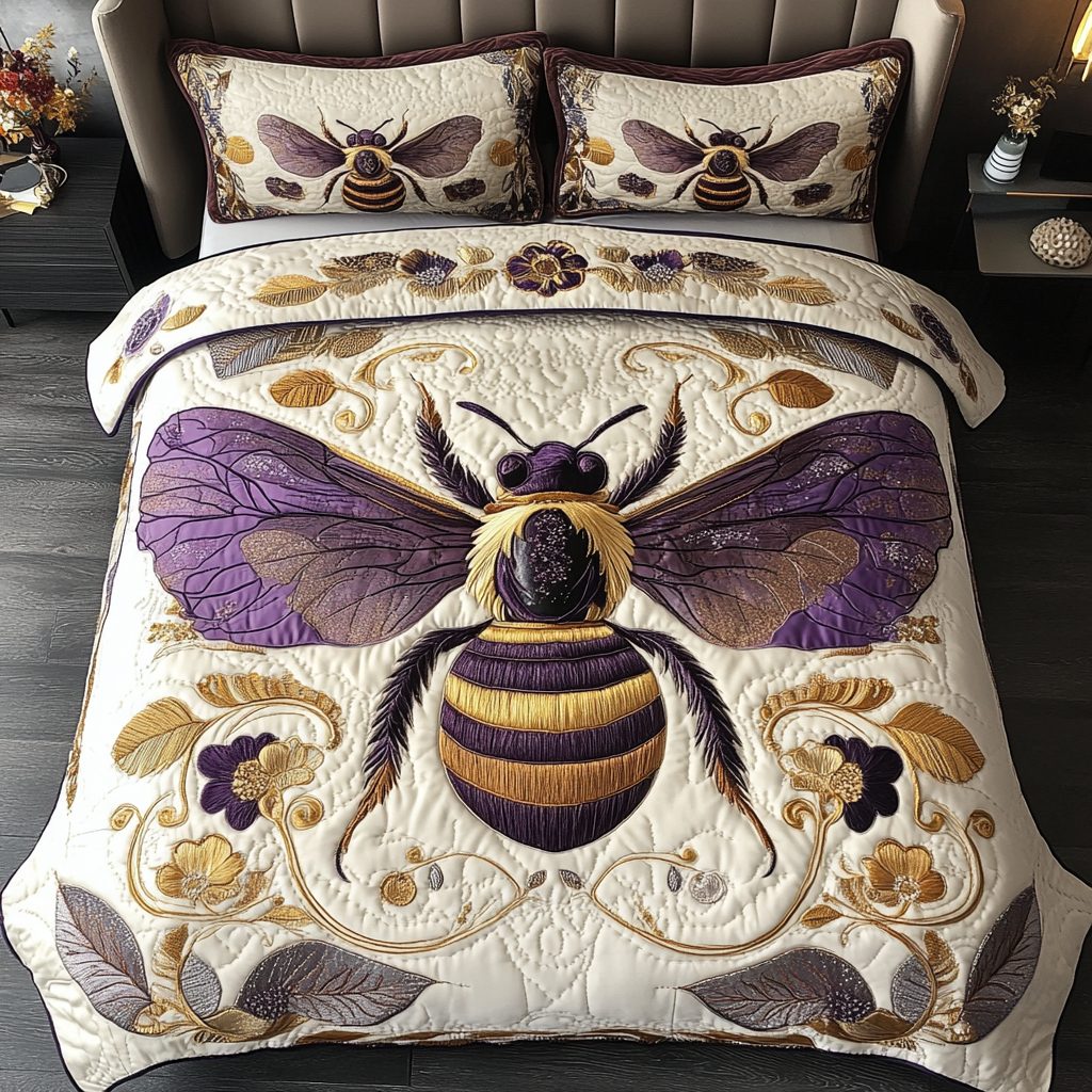 Buzzing Harmony quilted 3-piece bedding set on a made bed with two matching pillow shams