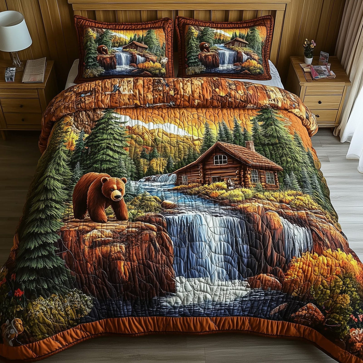 Cabin And Bear quilted 3-piece bedding set on a made bed with two matching pillow shams