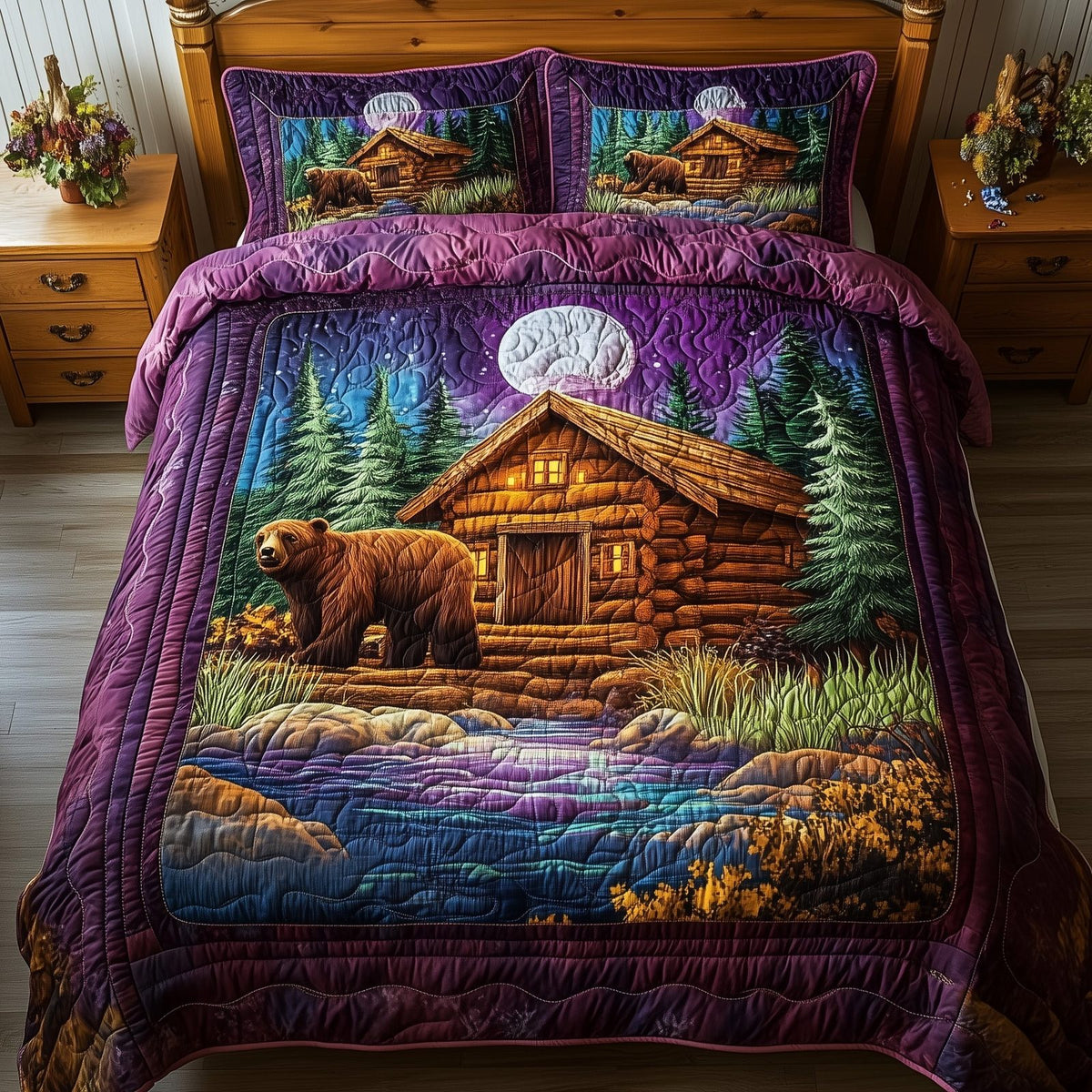 Cabin And Bear quilted 3-piece bedding set on a made bed with two matching pillow shams
