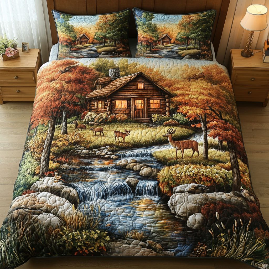 Cabin and Deer quilted 3-piece bedding set on a made bed with two matching pillow shams