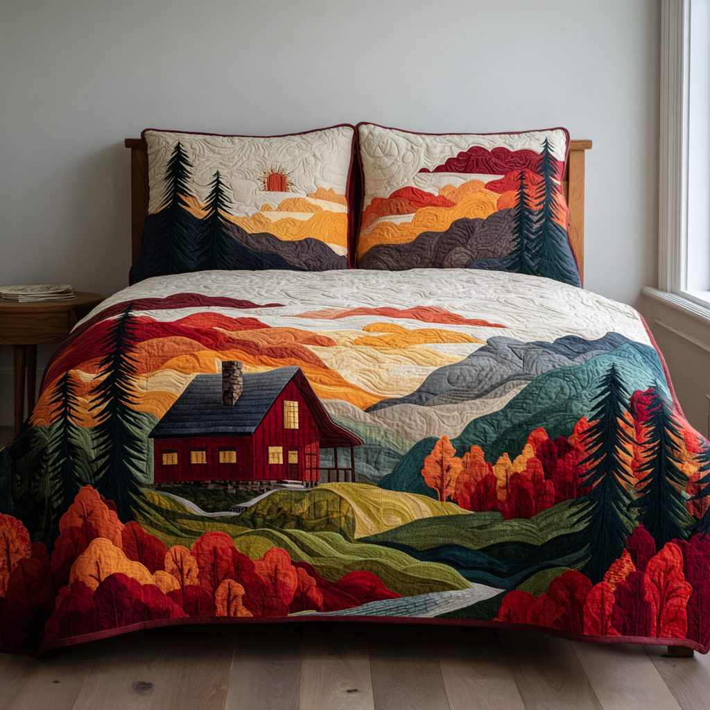 Cabin Calm quilted 3-piece bedding set on a made bed with two matching pillow shams