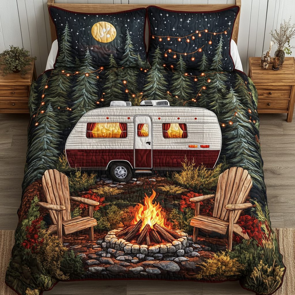 Cabin Calm quilted 3-piece bedding set on a made bed with two matching pillow shams