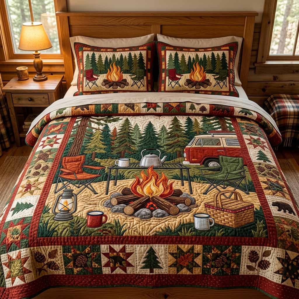 Cabin Camp quilted 3-piece bedding set on a made bed with two matching pillow shams