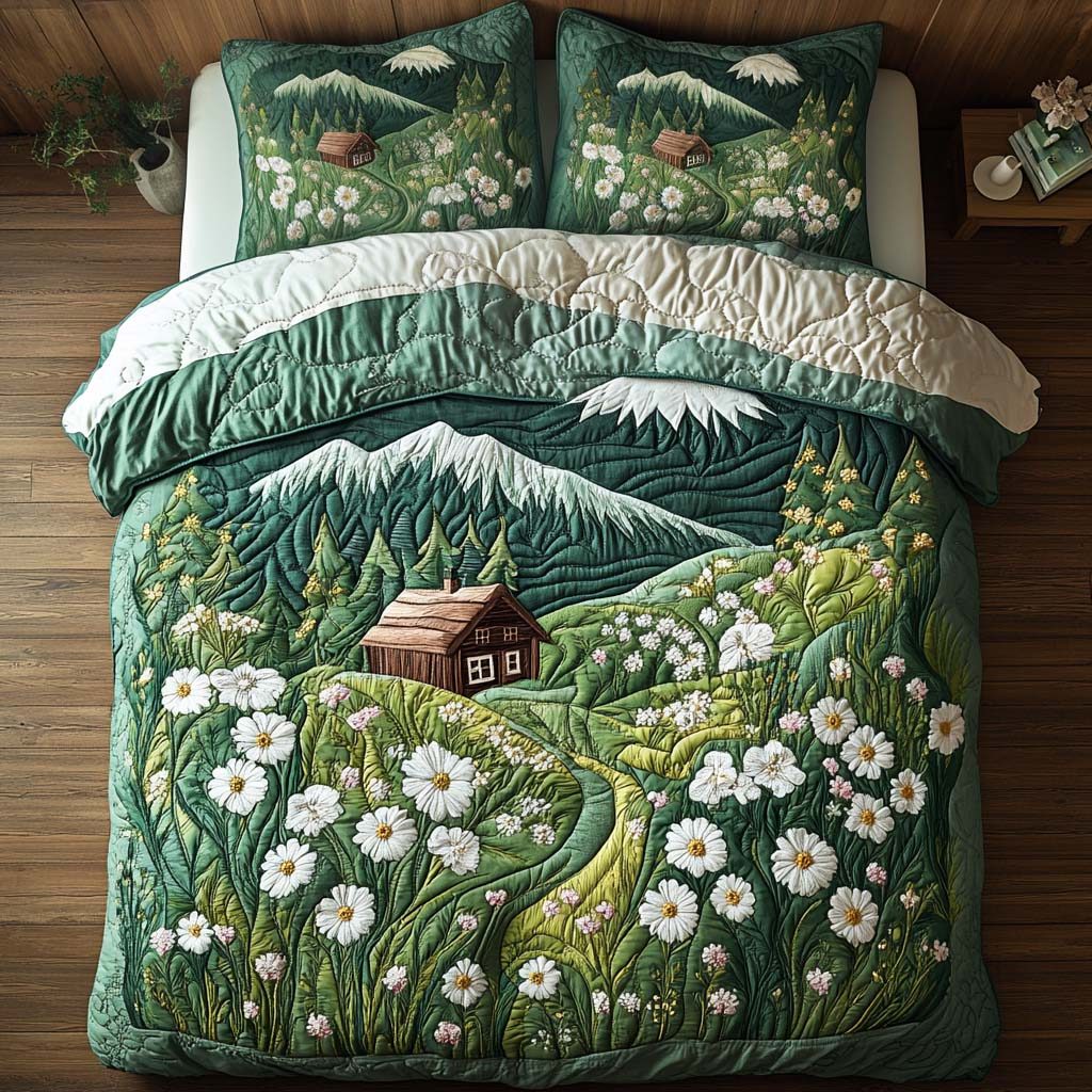 Cabin Comforts quilted 3-piece bedding set on a made bed with two matching pillow shams