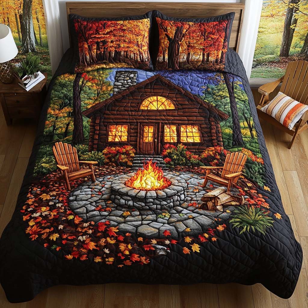 Cabin Dreams quilted 3-piece bedding set on a made bed with two matching pillow shams